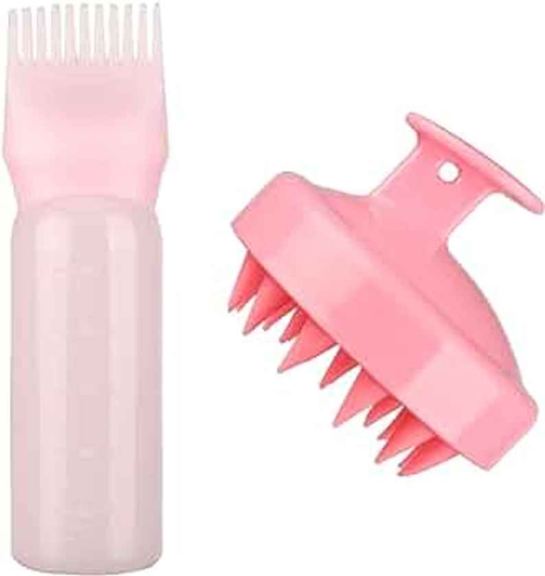 MFUOE Root Comb Applicator Bottle with Scalp Massager Shampoo Brush Hair Coloring Dye and Scalp Treatment Tools（Pink）