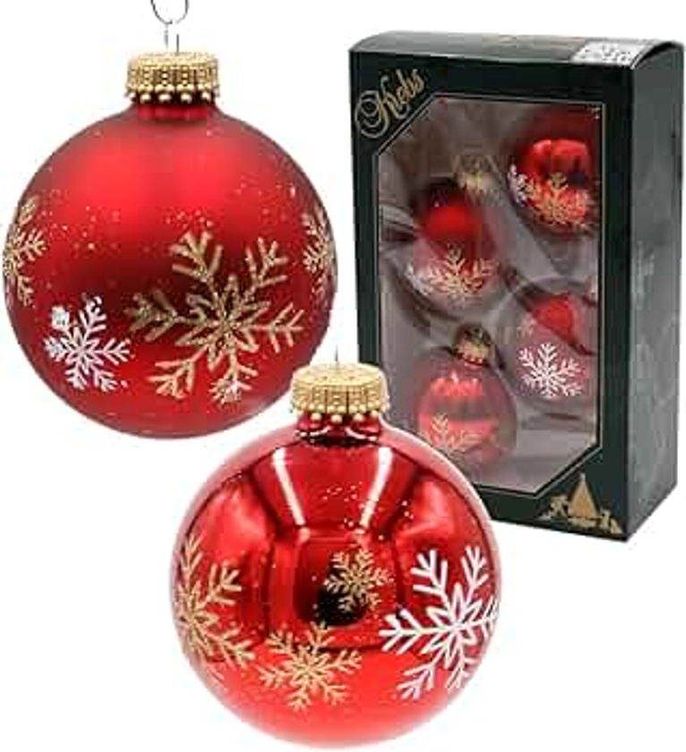 Dekohelden24 Lauschaer Christmas Tree Decorations Set of 4 Glass Baubles in Red Matt and Shiny Hand Decorated with Snowflakes with Gold Crowns Diameter Approx. 7 cm Red/White