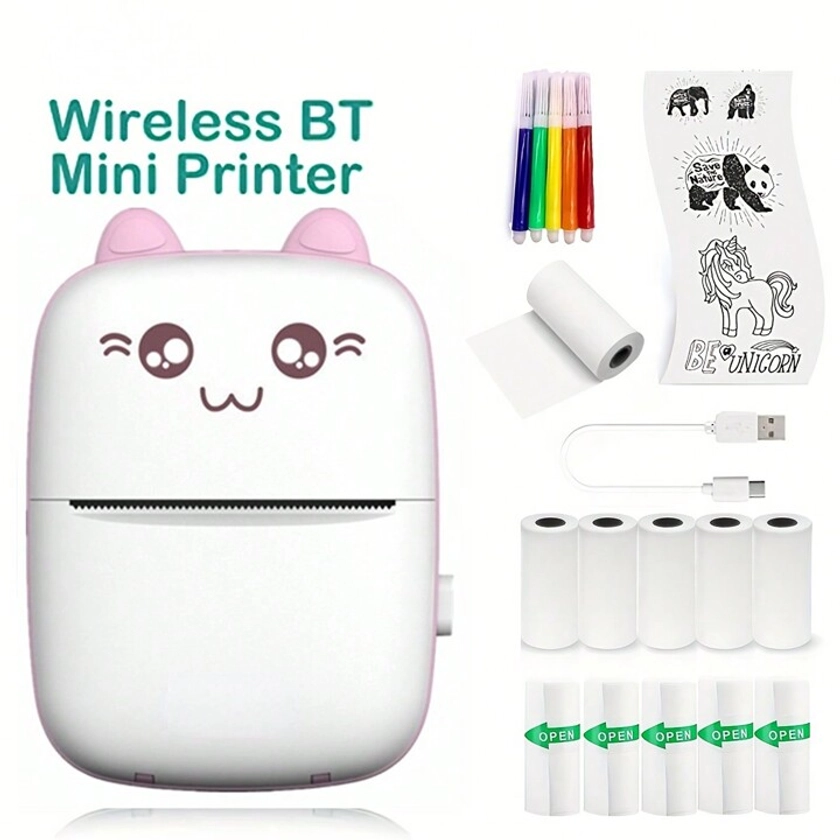 Mini Thermal Inkless Printer with 10Rolls Papers Portable Wireless Smart Pink Printer for Photos, Receipts, Labels