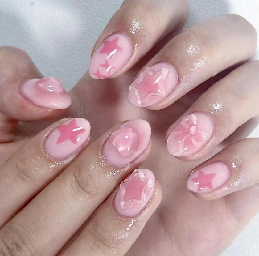 3d bowknot pink star nails /custom press on nails/ hand made Press on Nails/Faux Acrylic Nails/ Gel Nails/Press on Nail