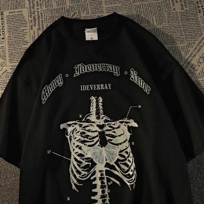 T-Shirt da uomo gotica alla moda Grunge estetica Goth Skeleton Print T Shirt Dark Streetwear Graphic Tee Unisex top oversize
