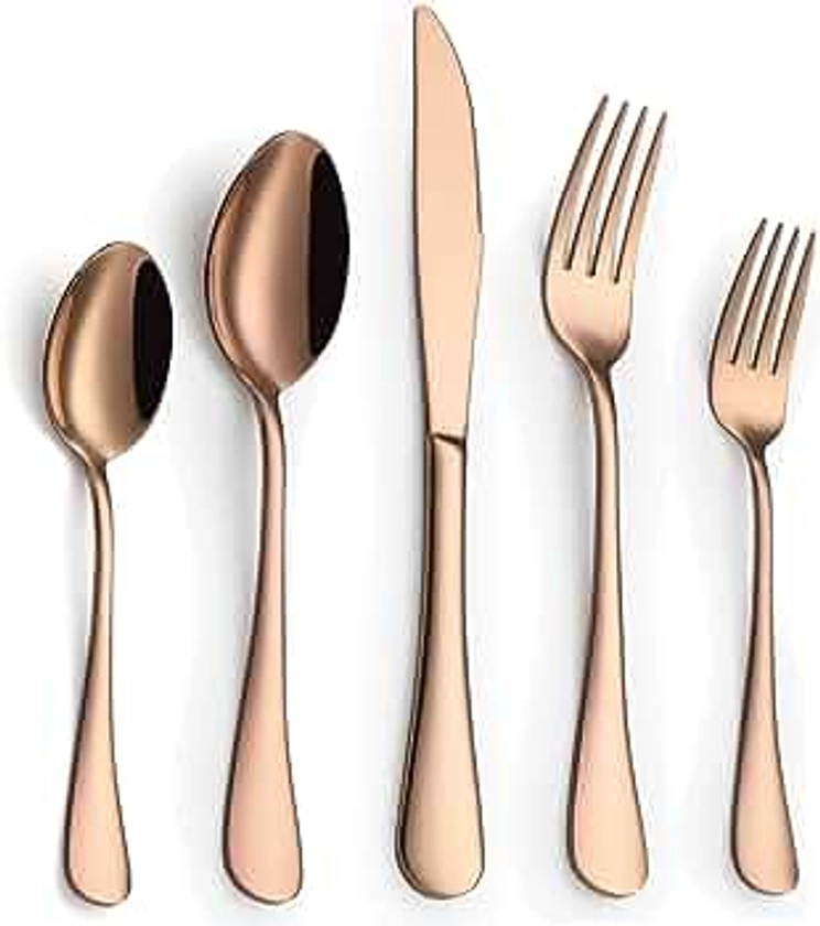 Rose Gold Silverware Set, Stainless Steel 20 Piece Flatware Set for 4, Cutlery Utensils Set Include Knives/Forks/Spoons Service for 4, Mirror Polished and Dishwasher Safe
