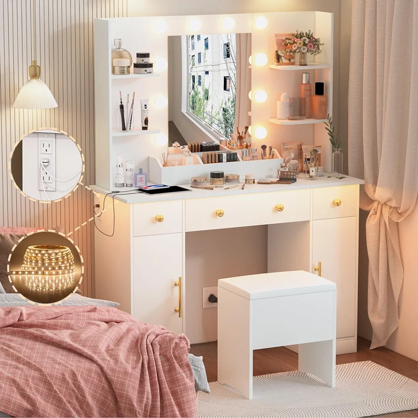 Vanity Desk with Mirror and Lights, 43'' White Makeup Dressing Table Set with 5 Drawers & Chair, Power Outlet, 3 Lighting Modes Adjustable Brightness & RGB LED for Women Girls Bedroom Bathroom