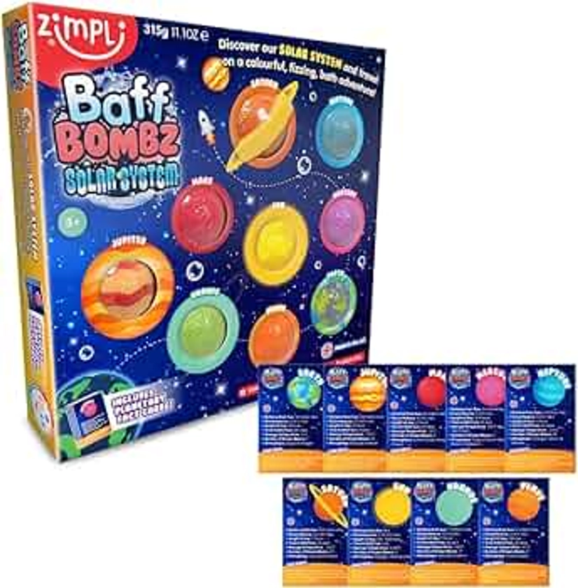 9 x Solar System Bath Bombs Gift Set, 9 x Planetary Fact Cards, Educational Planet Bath Bombs for Children, Science Kits for Boys & Girls, Bath Toy Birthday Presents, Learning Pocket Money Gifts