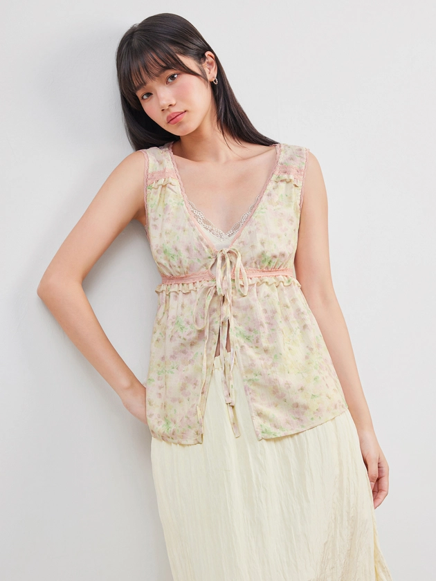 V-neck Floral Ruffle Knotted Tank Top