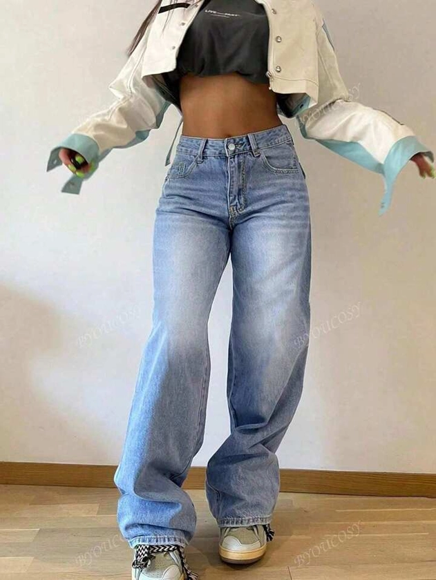 Women's Retro Loose Stacked Straight Denim Pants