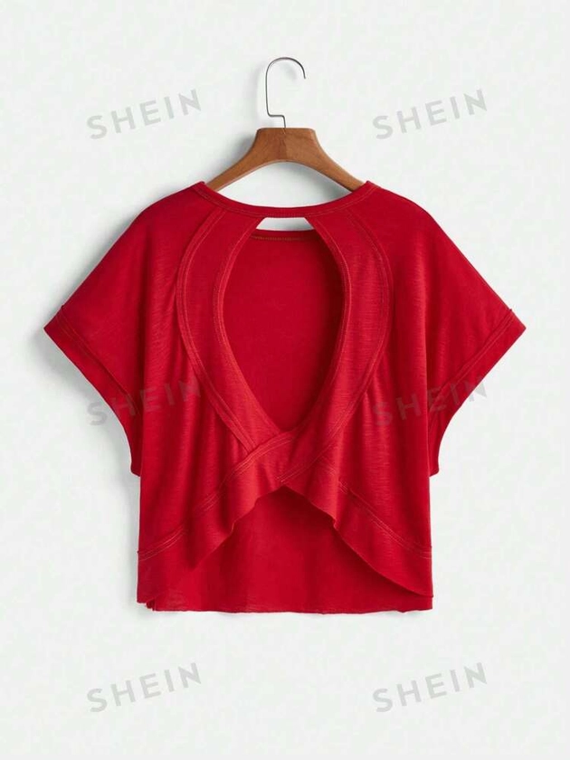 SHEIN Essnce Women Round Neck Plain Backless Casual Daily Spring And Summer Short-Sleeved T-Shirt