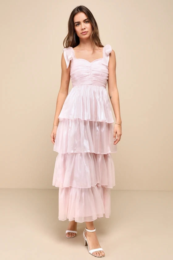 Radiant Arrival Shiny Pink Organza Tiered Tie-Strap Maxi Dress