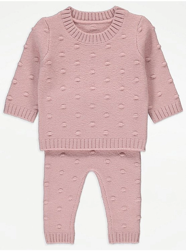 Pink Bobble Knitted Jumper and Trousers Outfit