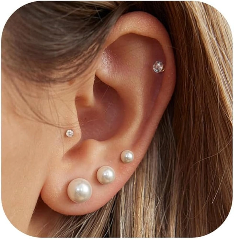 5 Pairs Pearl Earrings for Women Hypoallergenic Ball Studs Earrings Set Women 316L Surgical Steel Silver Pearl Earrings Birthday Valentines Day Gifts