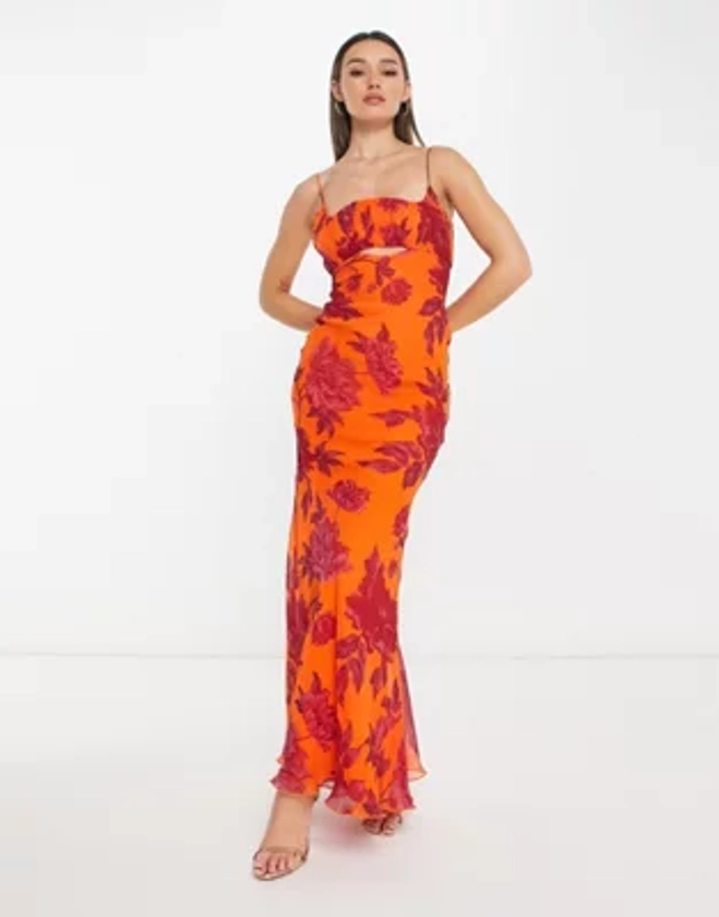 ASOS DESIGN - Robe longue en biais avec buste froncé - Orange fleuri | ASOS