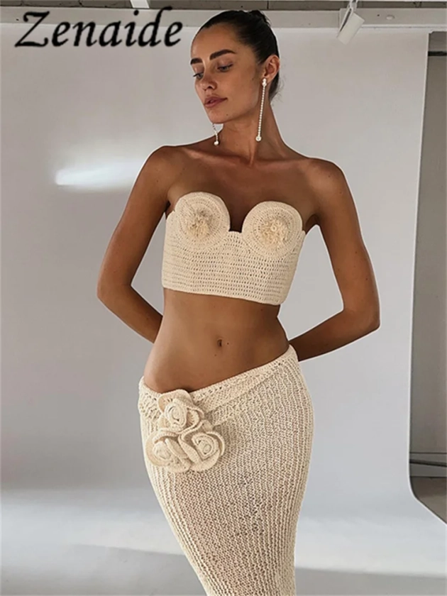 Zenaide Casual Beach Summer Outfits Holiday Women Y2K Knit Bra Crop Top e Long Sexy Party Club gonna Crochet due Set da 2 pezzi