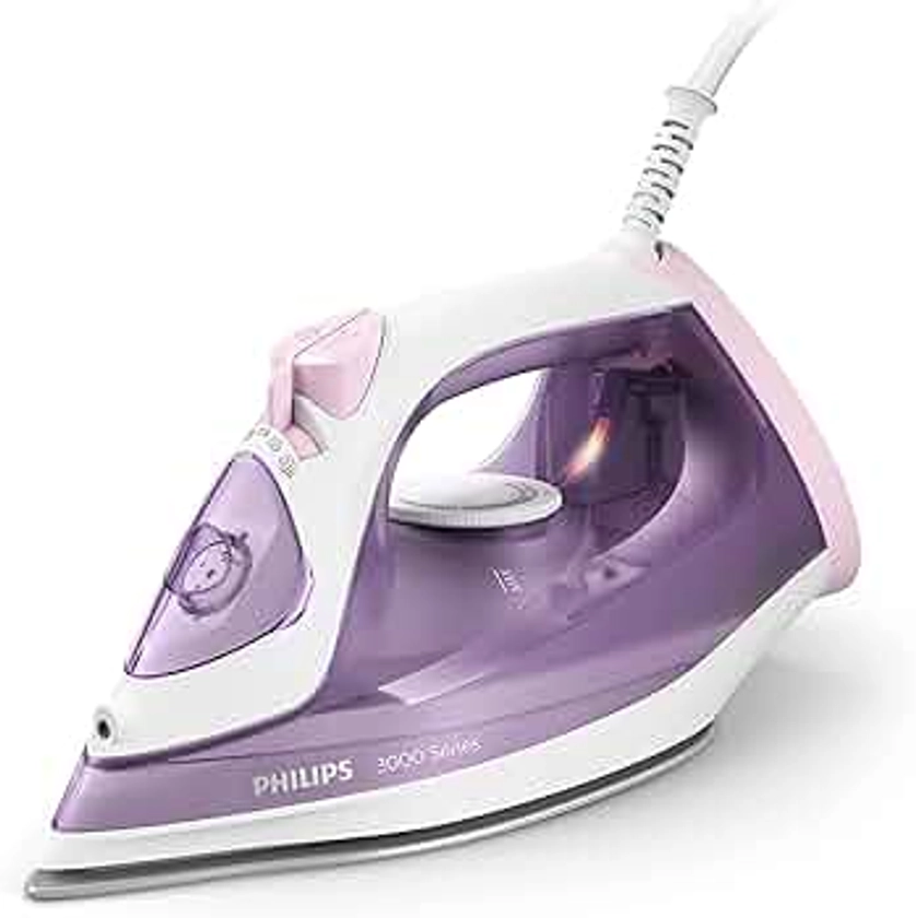 Philips Series 3000 Steam Iron - 2000W, 30 g/min - Pressing Effect 140 g - Vertical Steam - SteamGlide Plus Sole - White/Purple (DST3010/30)