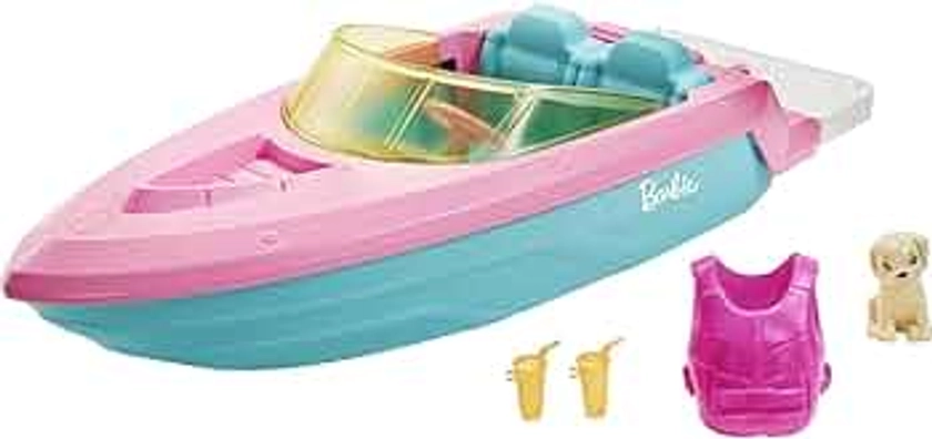 Barbie Toy Boat with Pet Puppy, Life Vest & Beverage Accessories, Fits 3 Dolls & Floats in Water