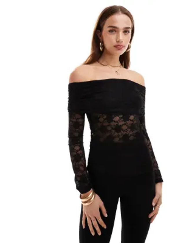 Pull&Bear - Top en dentelle à encolure Bardot - Noir