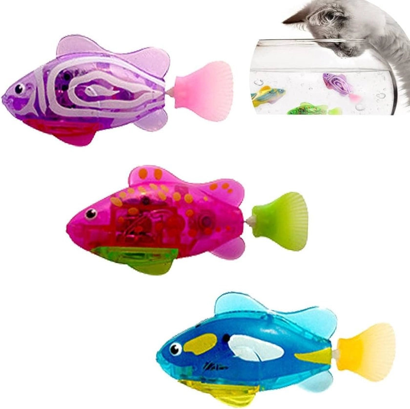 Robo Fish for Cats Lot de 3 robots interactifs pour chat - Meilleur jouet pour chat d'intérieur - Activé électroniquement dans l'eau avec lumière LED - Jouet en plastique - Cadeau