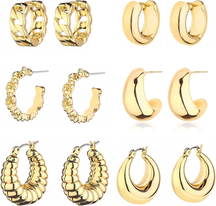 Gold Chunky Hoop Earrings Set for Women, 14K Gold Plated Twisted Huggie Hoop Earring Hypoallergenic, Thick Open Hoops Set Lightweight