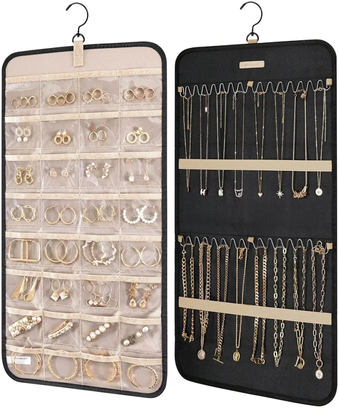 bagsmart Dual-sided Jewelry Organizer Hanging with Metal Hooks,32 Pockets and 3 Wave-Shaped Hooks,Jewelry Roll for Earrings,Necklaces,Rings on Closet,Wall,Door,1 piece, Large,Black