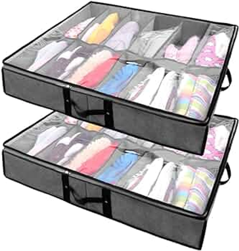 Organizador de Zapatos Debajo De la Cama Para 24 Pares De Zapatos, Caja De Almacenamiento De Zapatos Debajo De La Cama, Solución De Almacenamiento Debajo De la Cama Para Hombres y Mujeres, Zapatero Plegable Transparente (Juego De 2)