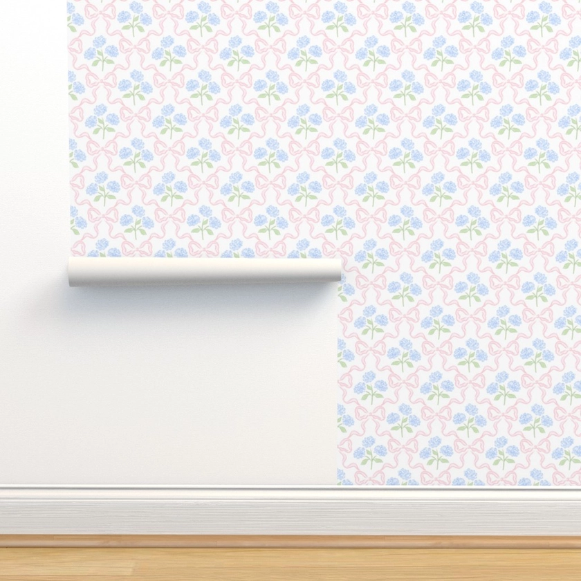 Blue Hydrangea Bouquet with Pink Bow Wallpaper | Spoonflower