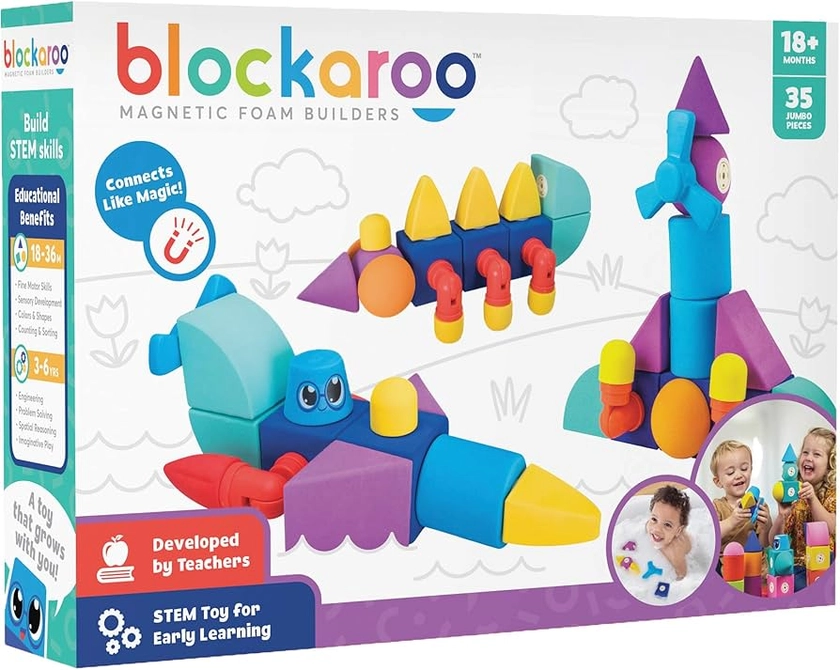 Blockaroo Magnetic building blocks, educational game for children, educational water game for creative building, ideal for the bath, large castle box with 35 building blocks