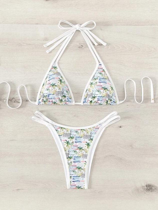 SHEIN Swim Mod Summer Beach Palm Tree & Boat Print Bikini Set Halter Triangle Bra & Bikini Bottom 2 Piece Bathing Suit