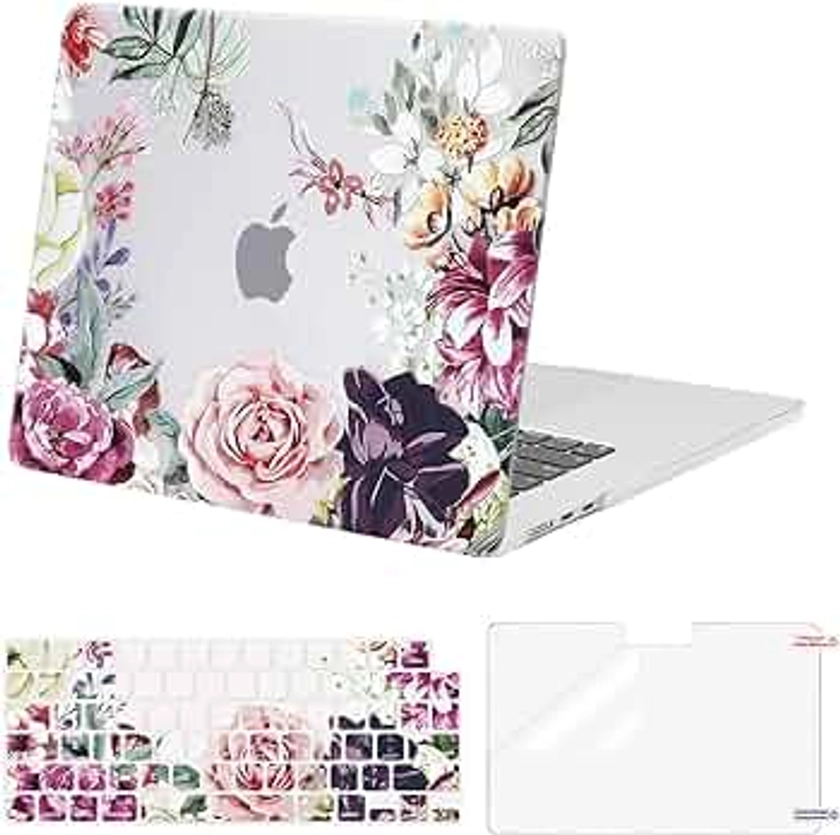 MOSISO Compatible with MacBook Air 15 inch Case 2023 2024 Release M3 A3114 M2 A2941 with Touch ID, Plastic Flower Hard Shell Case & Keyboard Cover & Screen Protector, Rose Leaves