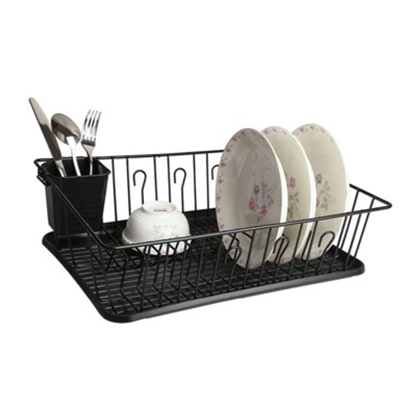 MegaChef 17.5 Inch Dish Rack with 14 Plate Positioners and a Detachable Utensil Holder in Black