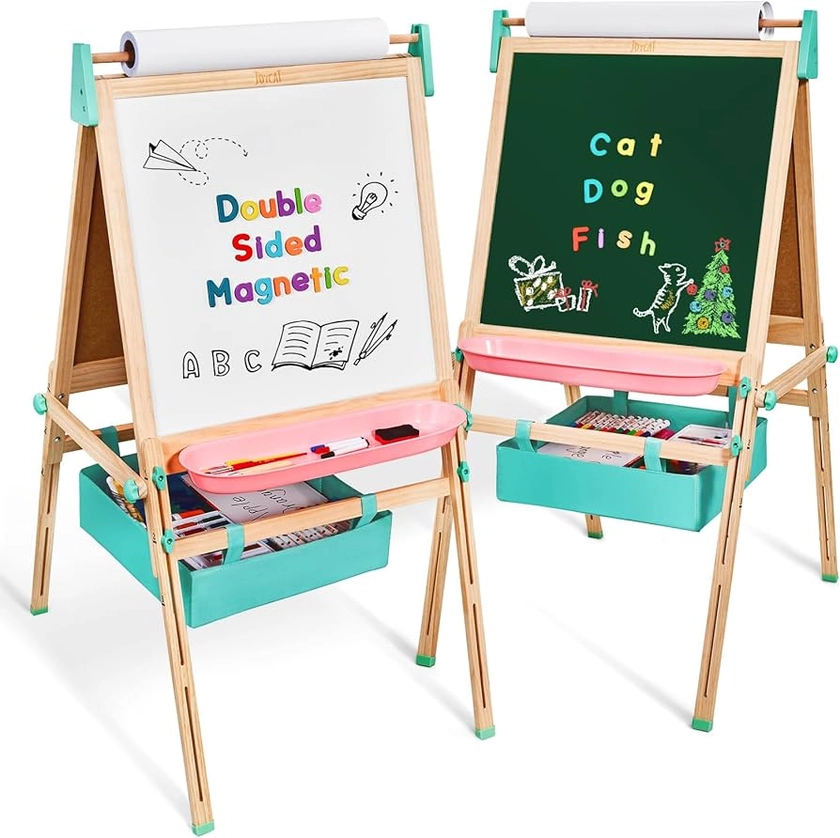 Art Easel for Kids Aged 2-8, Wooden Magnetic Chalkboard &Whiteboard,Height Adjustable Easel with Washable Trey & Basket, Easy to Assemble & No Tools Required, Gift and Art Supplies for Toddlers