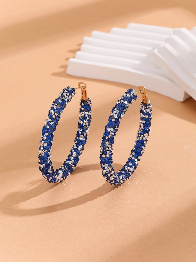 1pair Fashionable Blue & White Rhinestone Decor Full Diamond Circle Shaped Hoop Earrings For Women