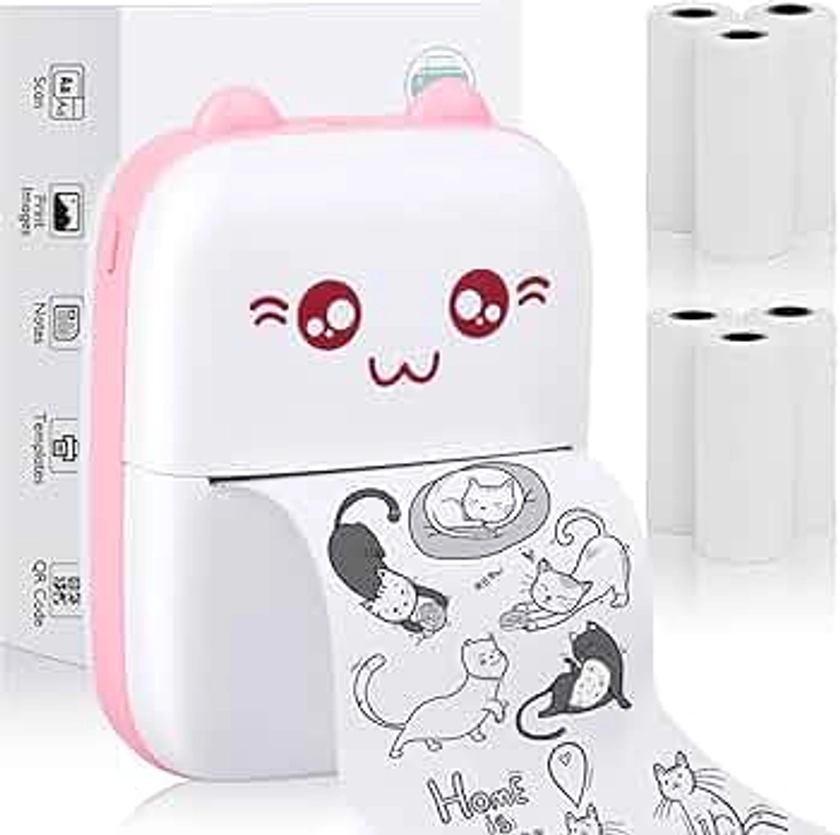 Eschen Pocket Mini Printer, Portable Printer with 6 Rolls Printing Paper for iOS Android Smartphone, Label Receipt Sticker Photo List Notes Inkless Printing Gift, Pink