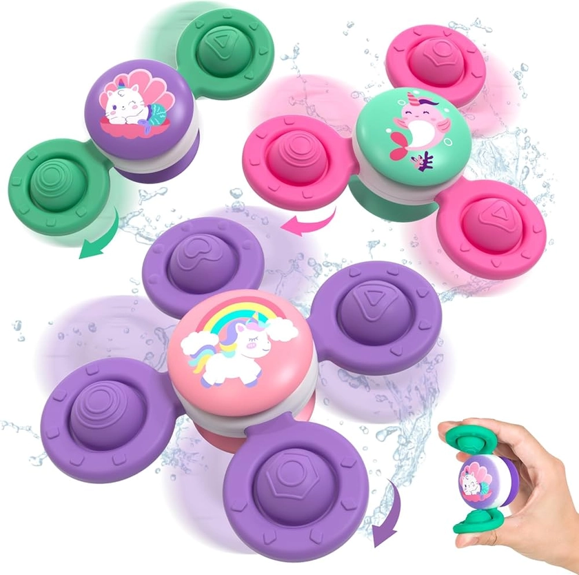 Lehoo Castle Spinner Bebe Ventouse, 3 Pcs Silice Jouets de Bain, Baby Spinner Jouet Sensoriel pour Tout-Petit Enfants Filles Garçons (Coloré) (Violet)