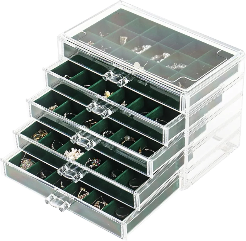 Nwvuop Acrylic Jewellery Box with 5 Drawers Adjustable Earring Storage Holder Clear Jewellery Storage Organiser for Rings Earrings Necklace Makeup Cosmetic Storage Box(Green)