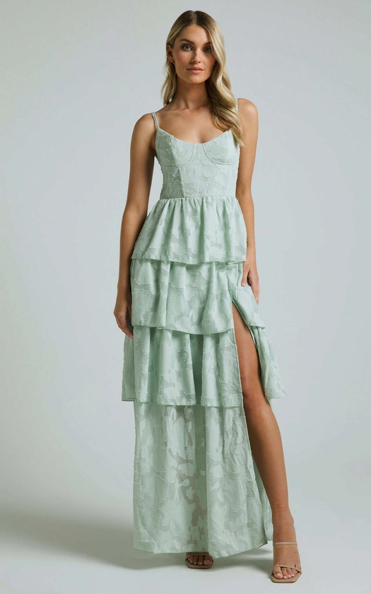 JANEZKIE MIDI DRESS - FEMME TIERED JACQUARD FORMAL DRESS IN MINT