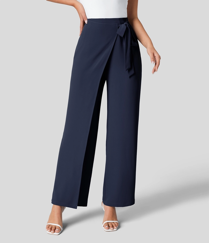 High Waisted Tie Side Invisible Zipper Wide Leg Work Suit Pants