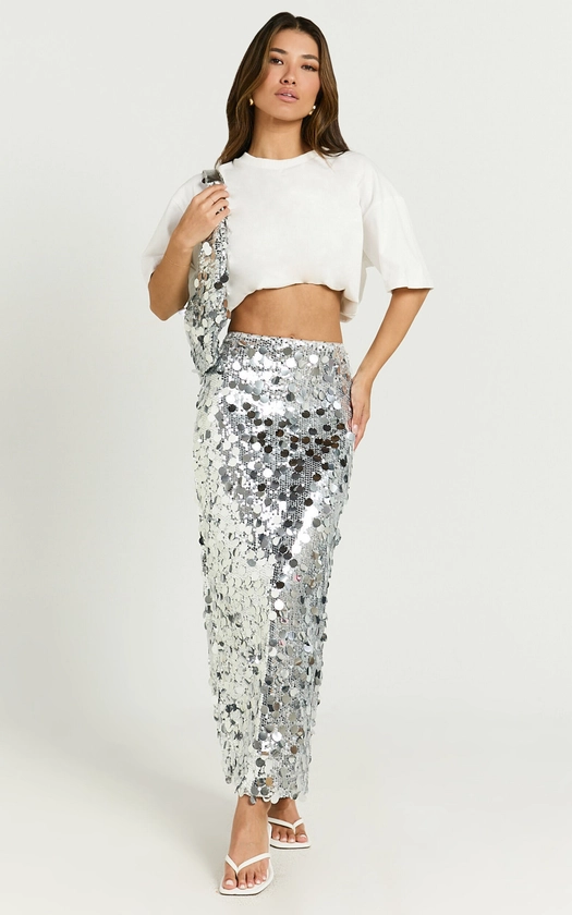 Sinclair Midi Skirt - Sequin Column Skirt in Silver