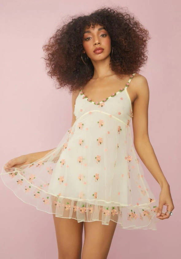 Sugar Thrillz Floral Babydoll Slip Dress - Ivory