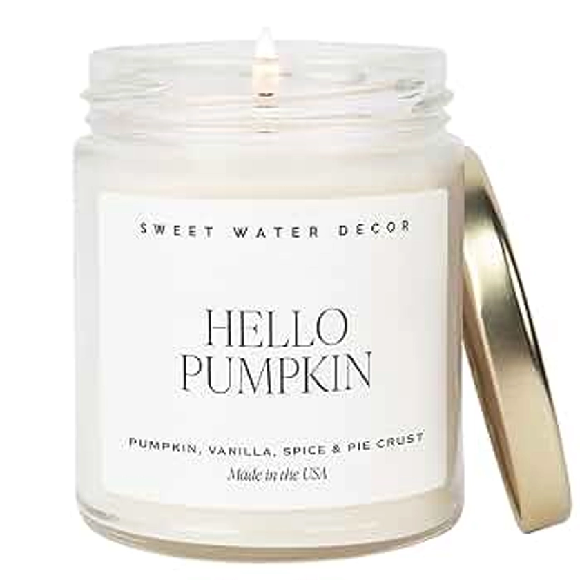 Sweet Water Decor Hello Pumpkin Soy Candle | Pumpkin, Warm Spices, Vanilla, and Whipped Cream Scented Candles for Home Thanksgiving Halloween Autumn Candle Pumpkin Pie Candle Made in the USA