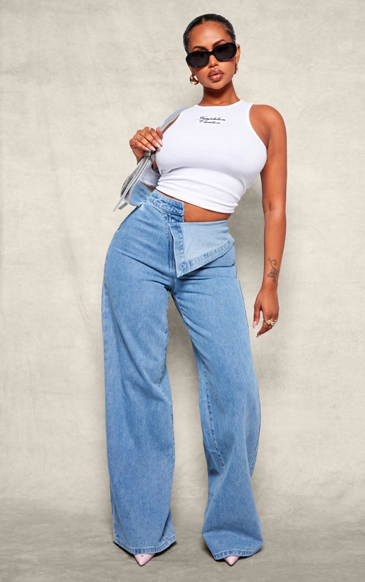 Shape Light Blue Wash Foldover Waist Wide Leg Jeans