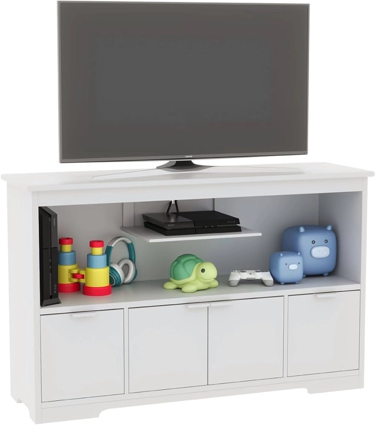 Milliard Toy Storage Organizer, White Wooden Gaming Desk Cabinet, Kids Bedroom and Playroom Furniture, 47.5x14x30in