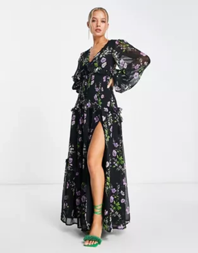 ASOS DESIGN - Robe longue boutonnée effet plissé à motif fleuri - Noir | ASOS