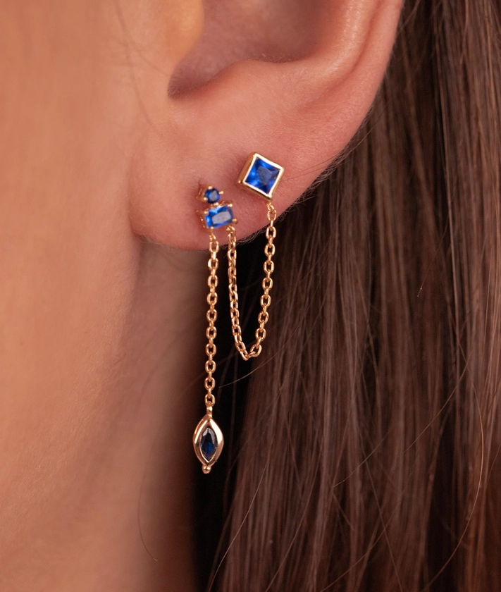 Boucle d'oreille double puces zircons bleus et chaîne [à l'unité] Plaqué or
