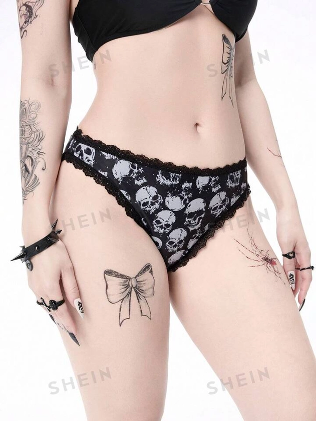 ROMWE Goth Bottom del bikini impresa con calaveras de encaje de contraste para mujer