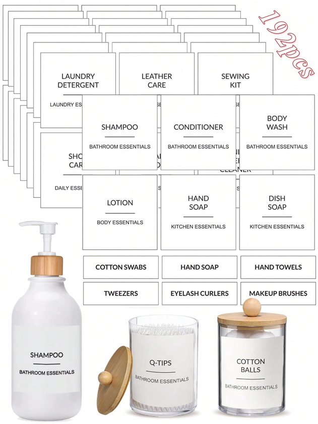 192pcs Minimalistic Bathroom Organization Labels, Including Soap Dispenser, Makeup Tools, And Blanket Labels
