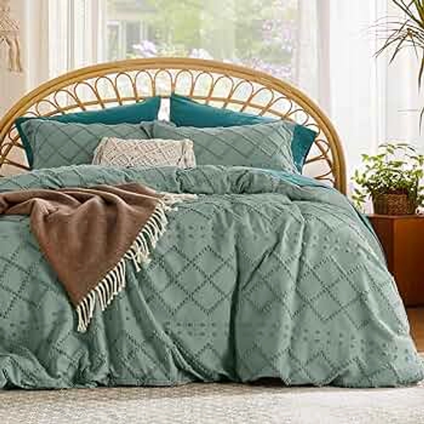 Bedsure Boho Duvet Cover Full - Full Size Duvet Cover, Full Boho Bedding for All Seasons, 3 Pieces Embroidery Shabby Chic Home Bedding Duvet Cover (Green, Full, 80x90)