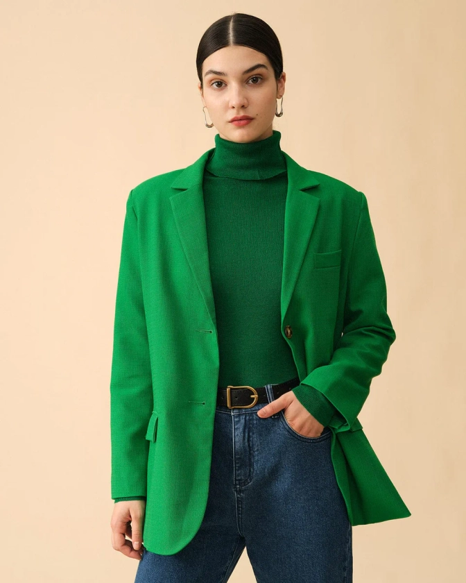 The Collared Solid Button Up Blazer & Reviews - Green - Outerwear | RIHOAS