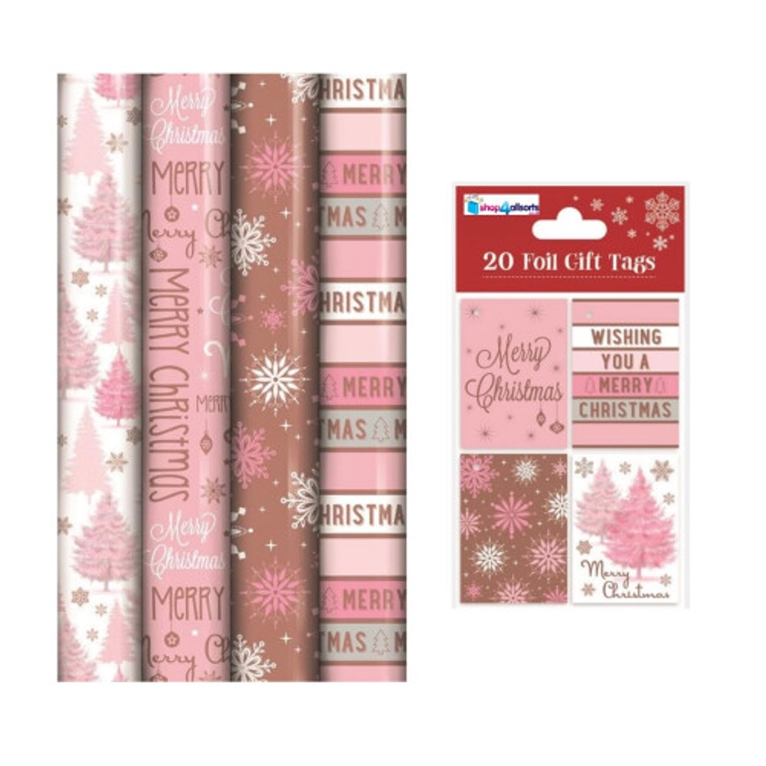 Christmas Gift Wrapping Paper Blush Pink 4 x 8M Rolls With 20 Tags