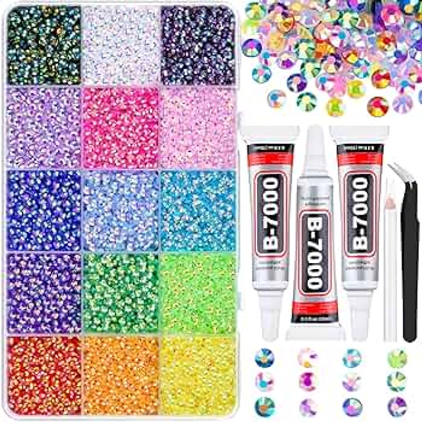 18000Pcs Resin Jelly Rhinestones for Crafting, Multicolor 3mm Flatback Rainbow Gems, Bedazzling Crystal with 3Pcs 10ml B7000 Jewelry Glue for DIY Crafts Clothing Shoes Nail Art