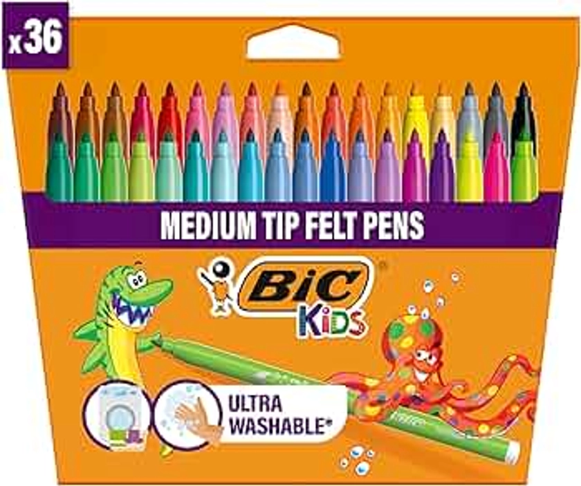 BIC Kids Kid Couleur - Feutres de Coloriage Ultra Lavables à Pointe Moyenne - Couleurs Assorties, Etui Carton de 36