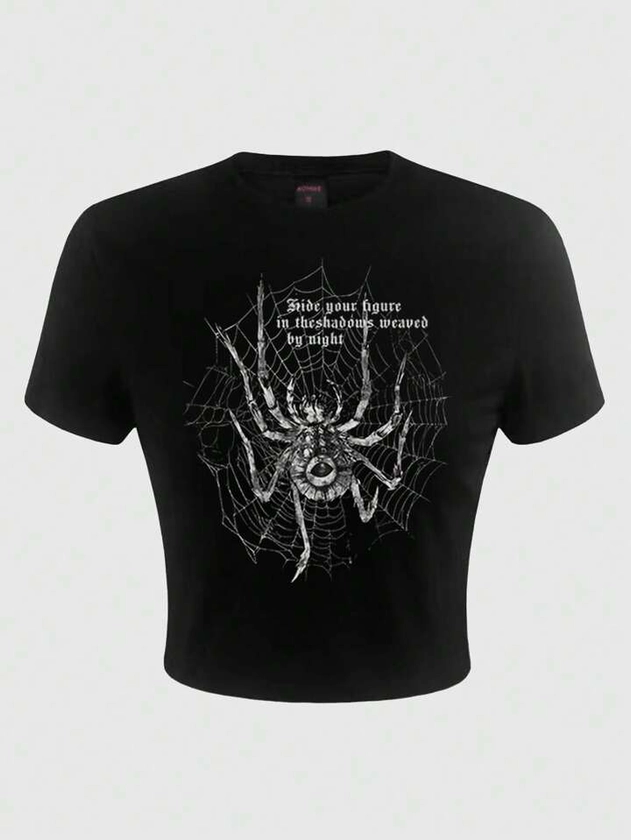 Grunge Punk Slogan & Spider Print Crop Tee